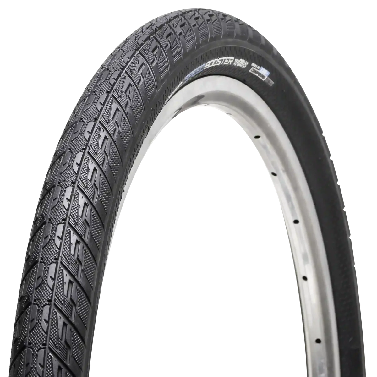 Bicycle tire with tread pattern on a white background