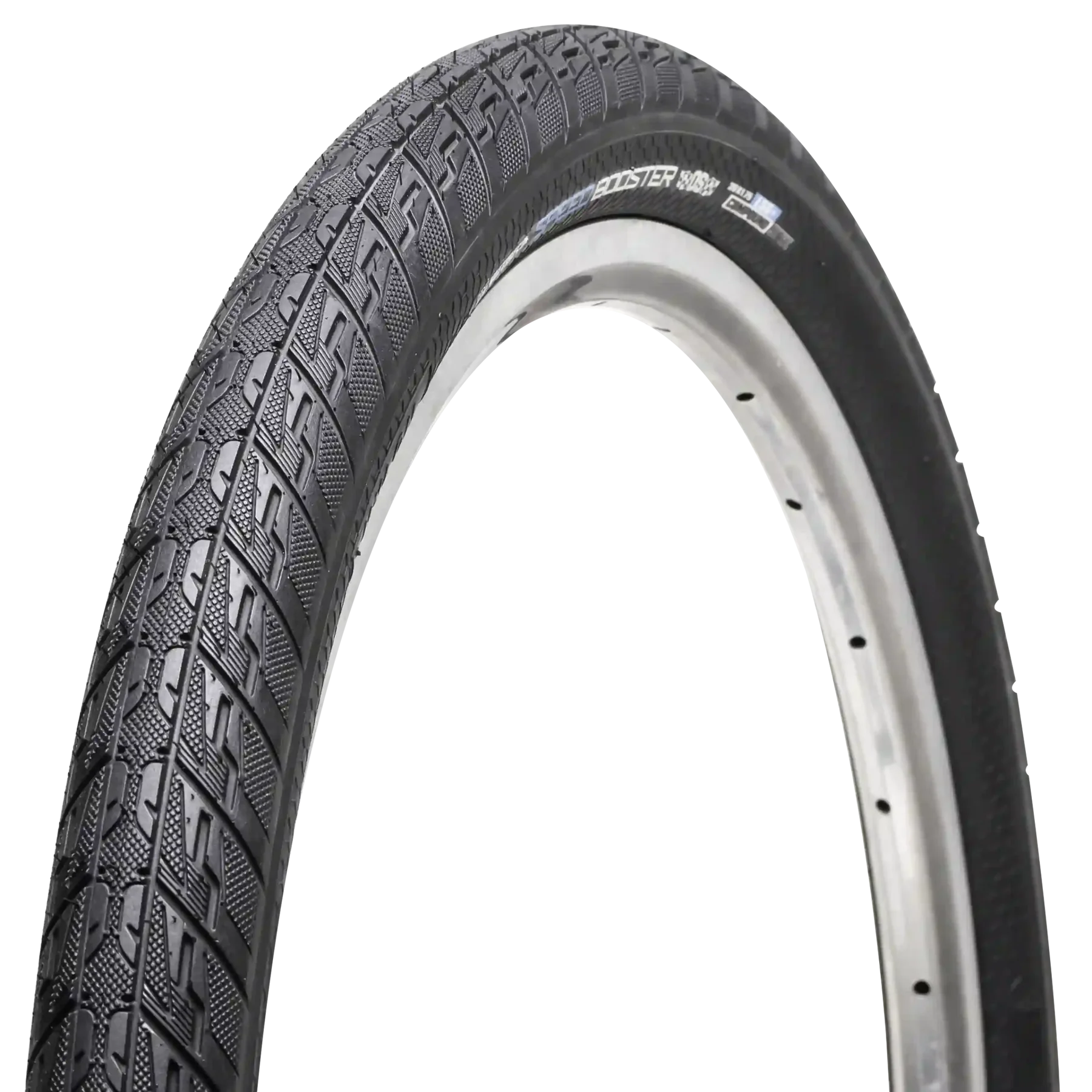 Bicycle tire with tread pattern on a white background