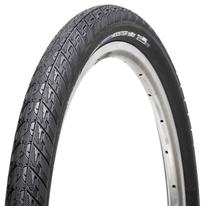 Bicycle tire with tread pattern on a white background