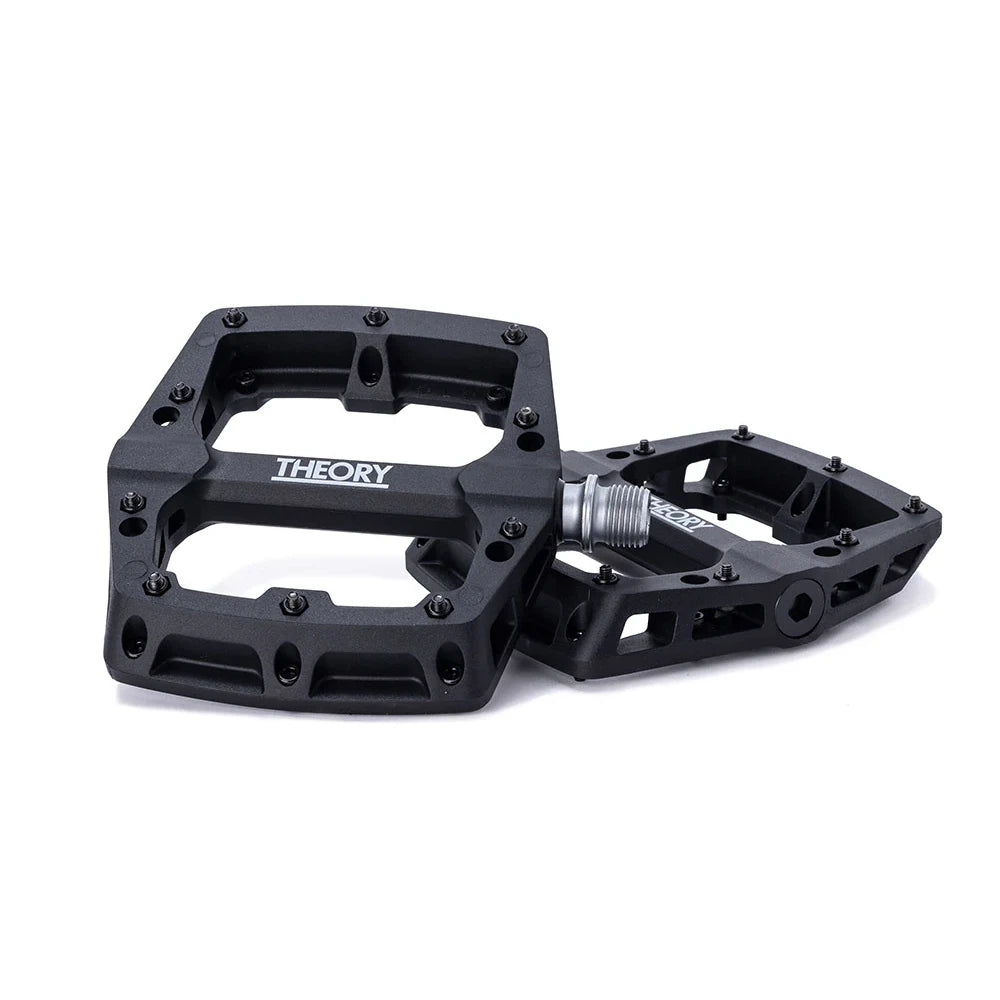 Two black bicycle pedals on a white background