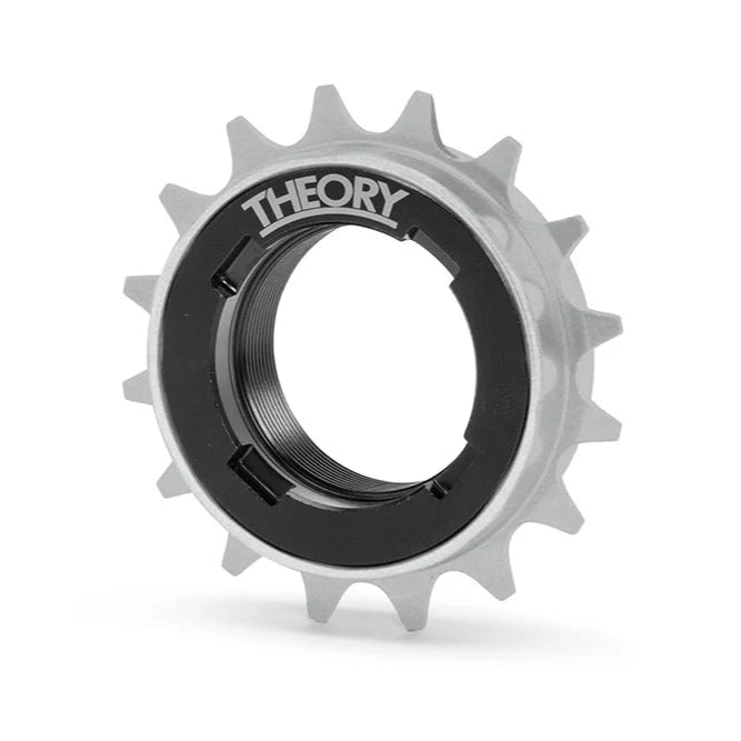 Metallic gear with 'Theory' branding on a white background