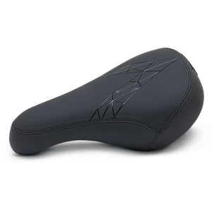 Black bicycle seat with geometric pattern on a white background