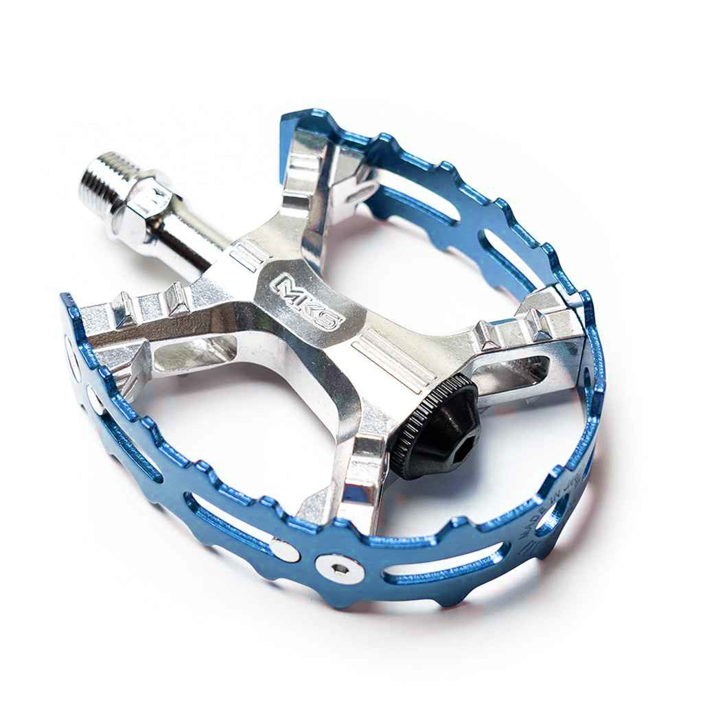 Bicycle pedal with blue and silver design on a white background