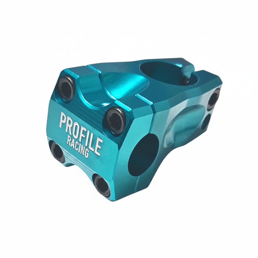 An anodized metallic bicycle stem in a vibrant teal color, featuring the white printed text 'PROFILE RACING' on its side, set against a plain white background.