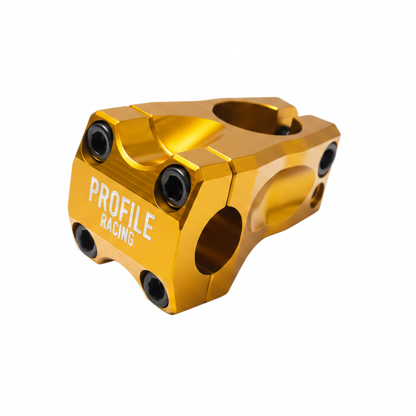 A gold anodized aluminum bicycle stem with black bolts and the white text 'PROFILE RACING' printed on the side, shown on a plain white background.