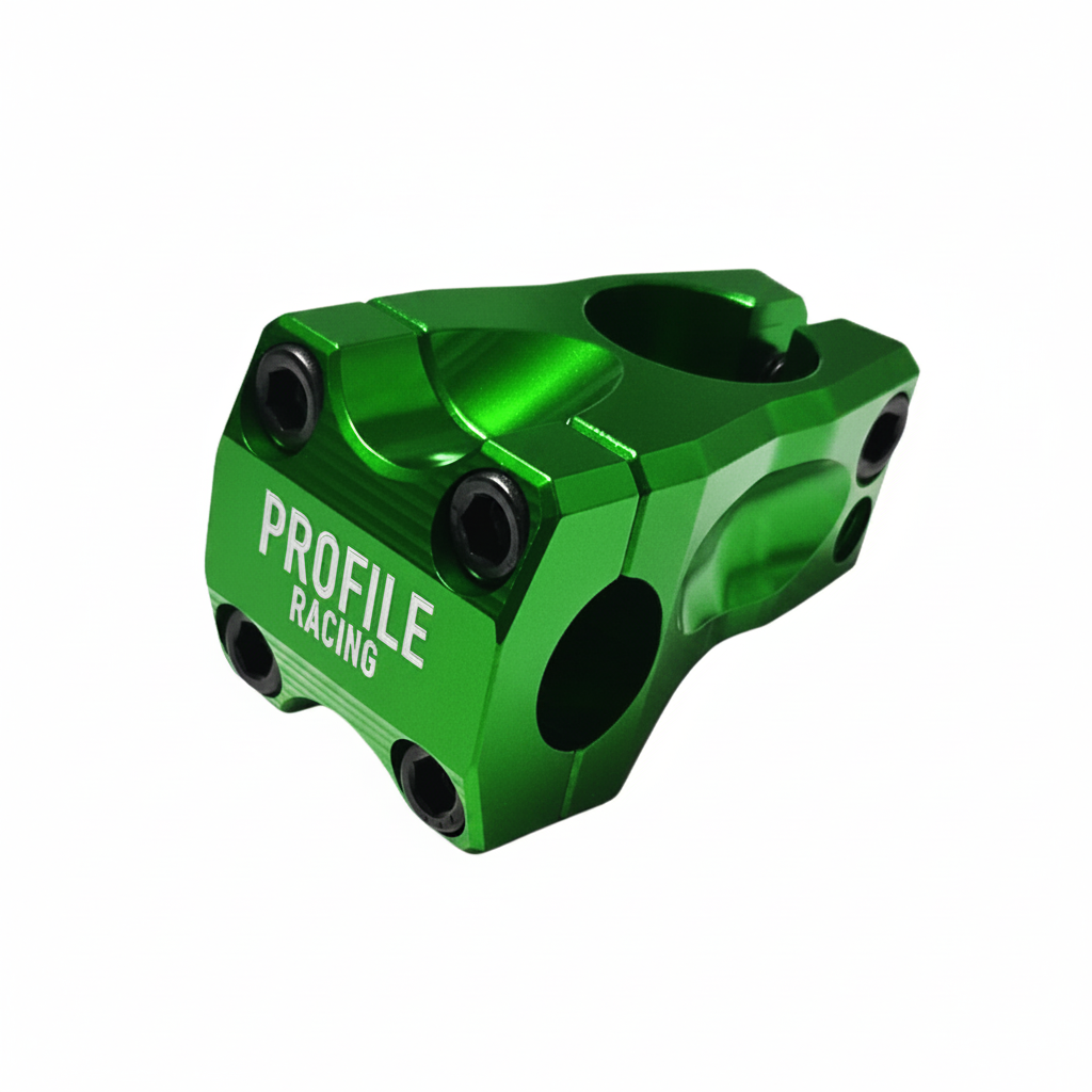 A bright green anodized aluminum bicycle stem with 'PROFILE RACING' printed in white on the side, shown against a plain white background.