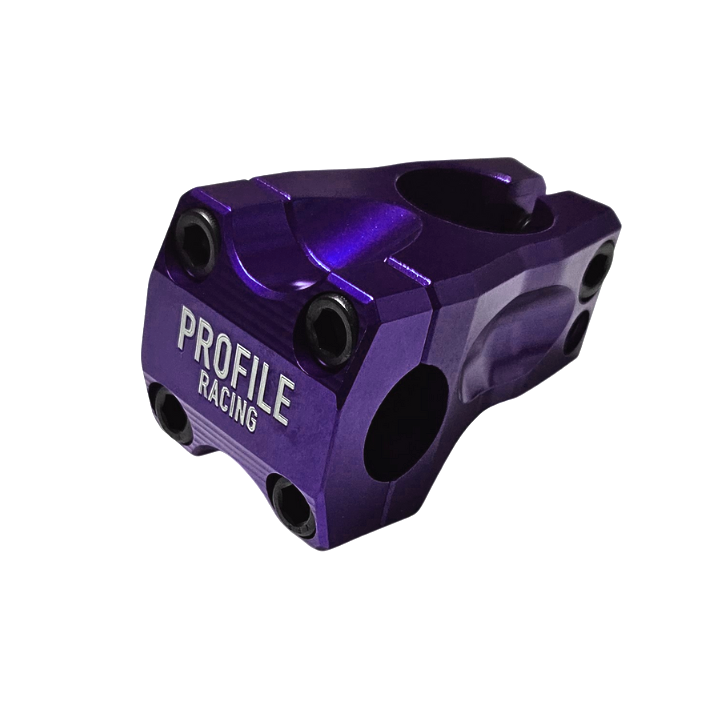 A purple anodized aluminum bicycle stem with 'PROFILE RACING' printed in white on the side, shown against a plain white background.