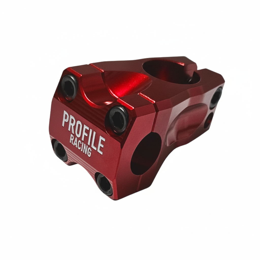 A red anodized bicycle stem with 'PROFILE RACING' printed in white on the side, shown against a plain white background.