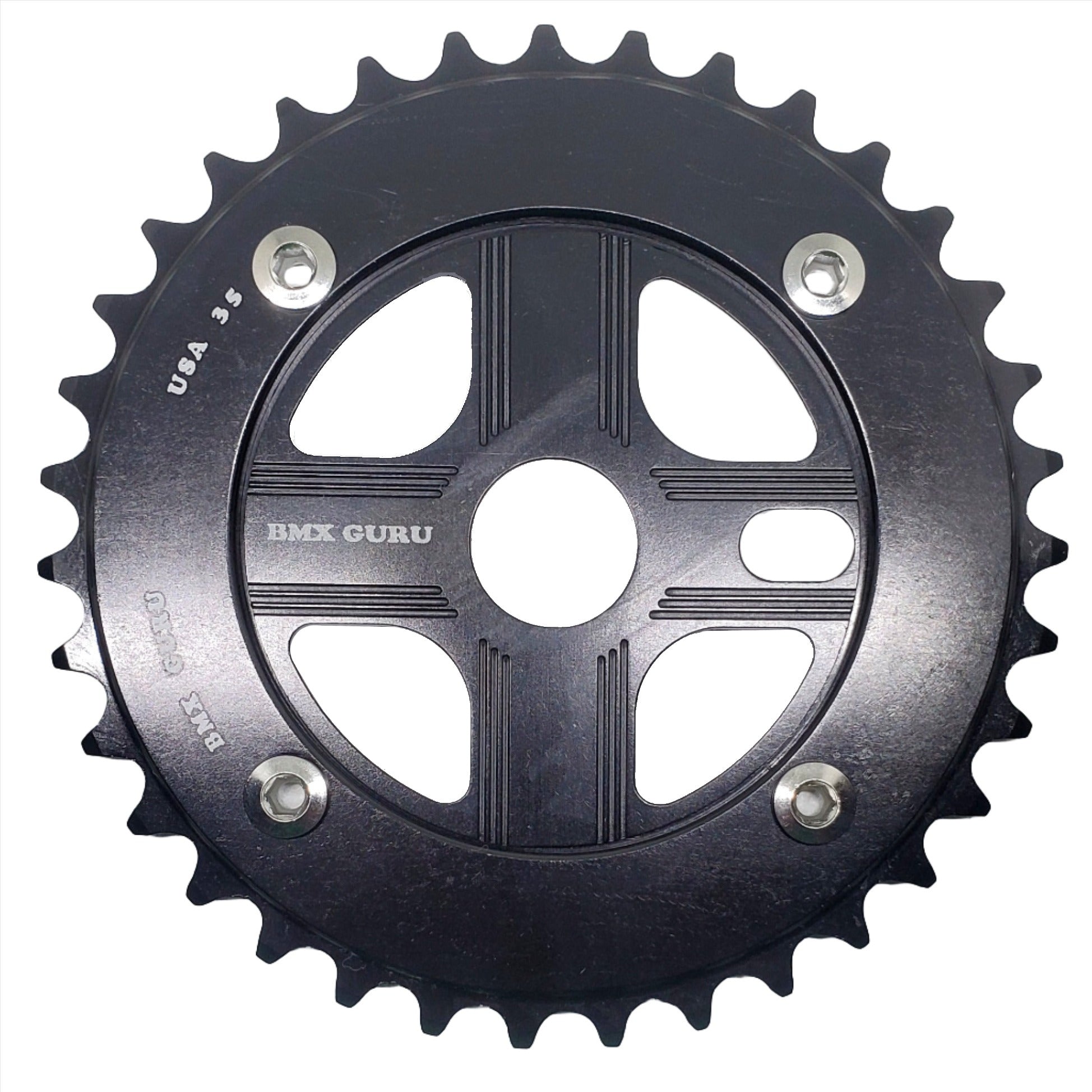 BMXGuru 35T Aluminum Spider & 4-bolt Chainring Combo - Black over Black - USA Made