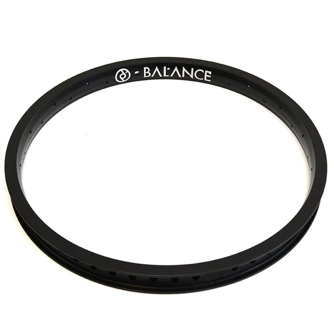 Black bicycle rim with 'Balance' branding on a white background