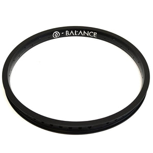Black bicycle rim with 'Balance' branding on a white background