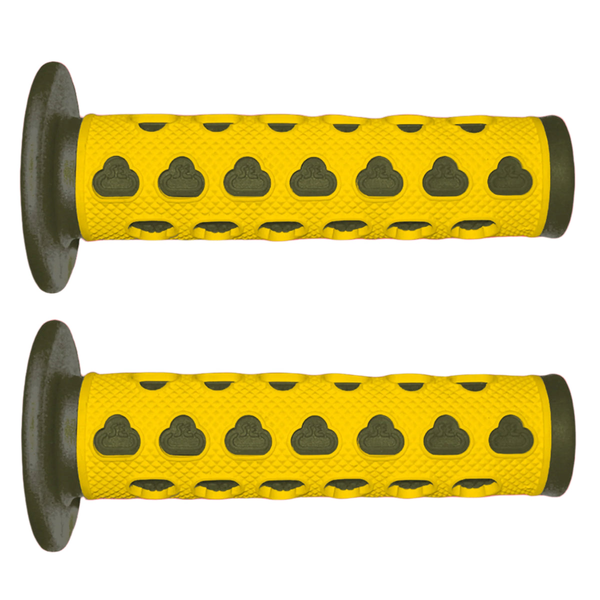Two yellow motorcycle grips with black patterns on a red background