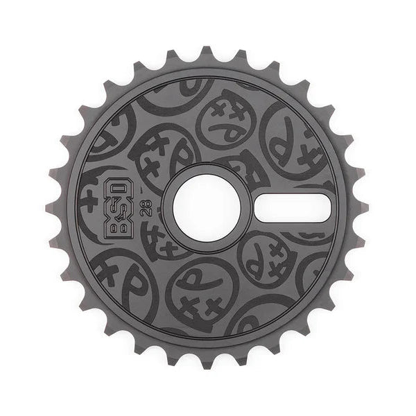 A dark gray bicycle chainring with a matte finish and embossed circular logo patterns, shown against a plain white background.