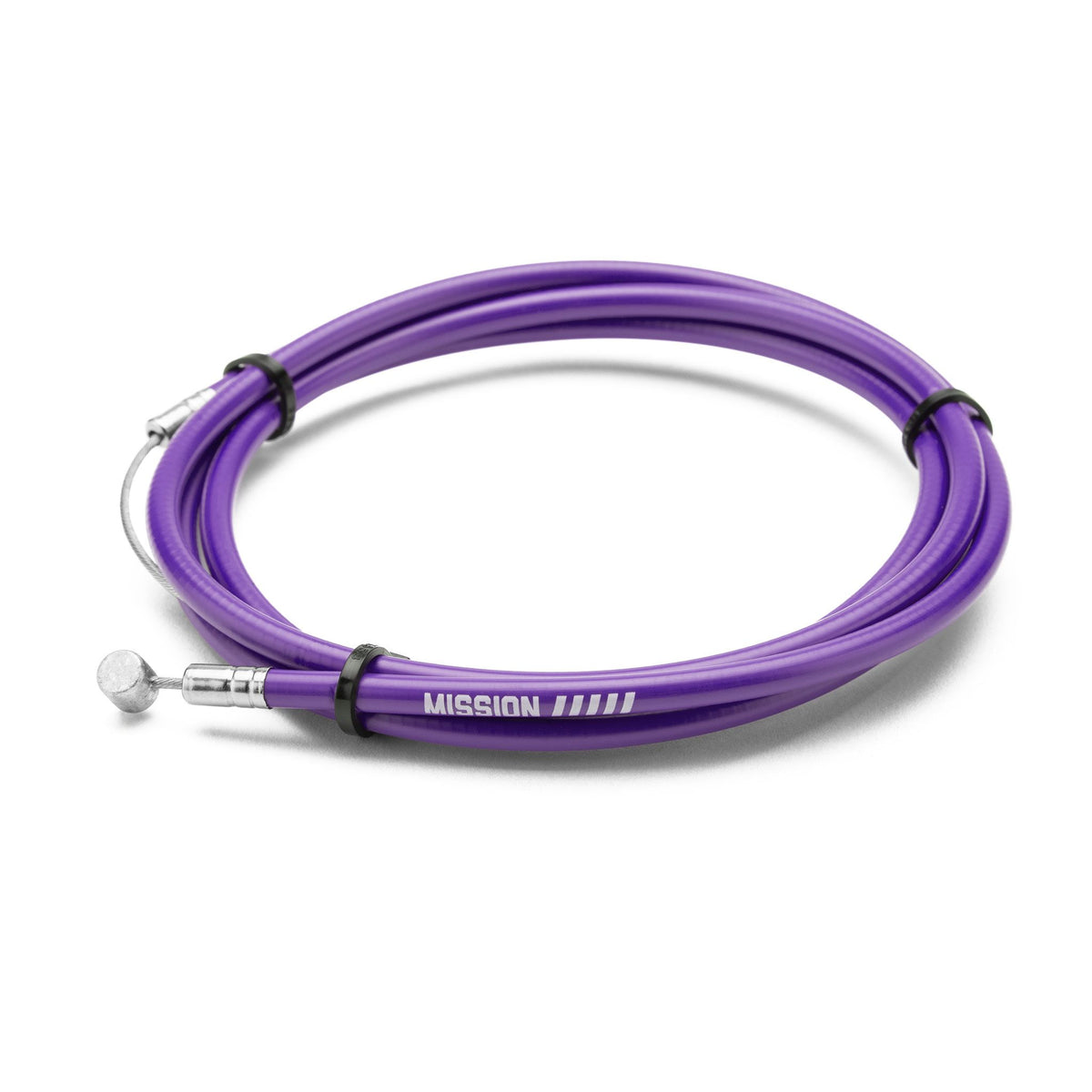 Purple bicycle cable with 'Mission' branding on a white background