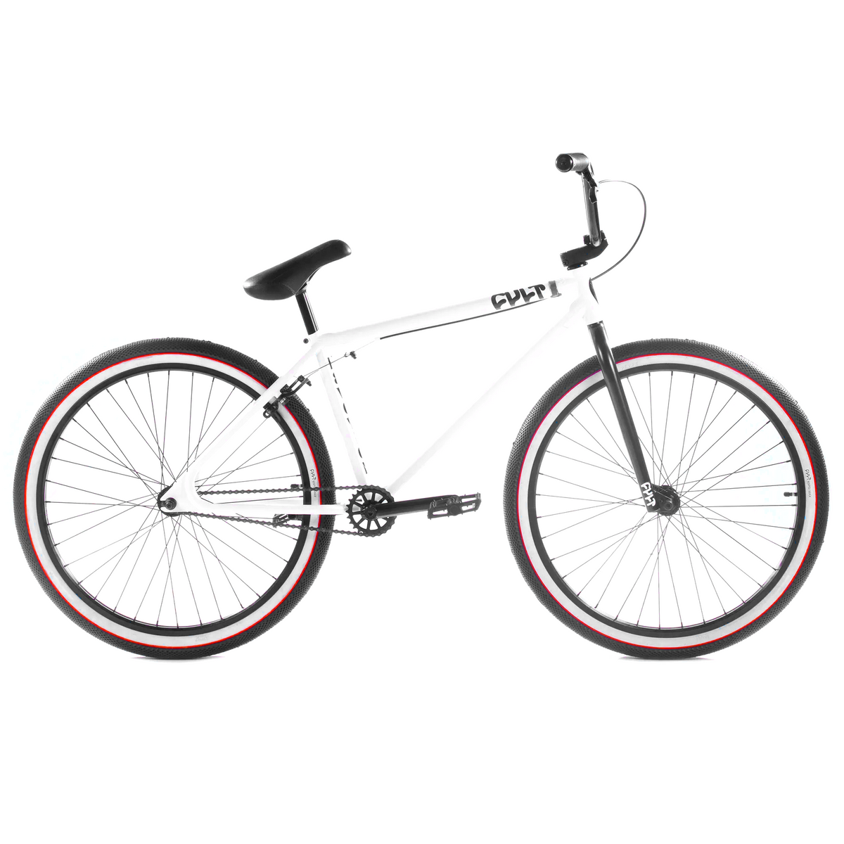 White bicycle with black and red details on a white background