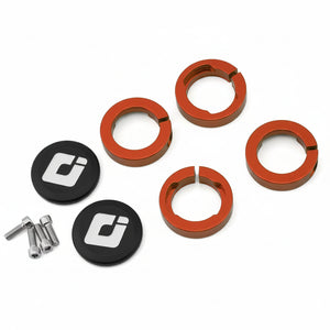 Set of red metal washers and black components with a logo on a white background
