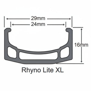 A technical dimension diagram of a U-shaped automotive trim piece labeled 'Rhyno Lite XL', showing measurements of 29mm, 24mm, 16mm, and a width of 12mm on a white background.