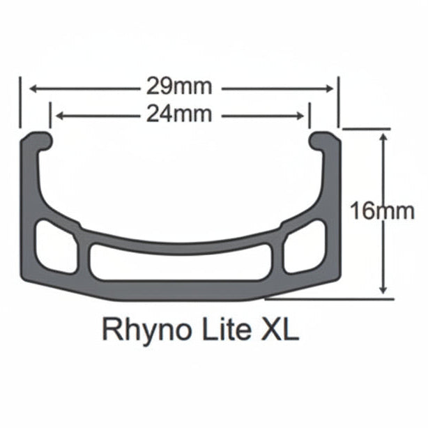 A technical dimension diagram of a U-shaped automotive trim piece labeled 'Rhyno Lite XL', showing measurements of 29mm, 24mm, 16mm, and a width of 12mm on a white background.