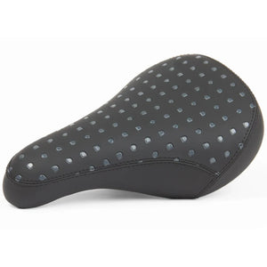 Black bicycle seat with perforated design on a white background