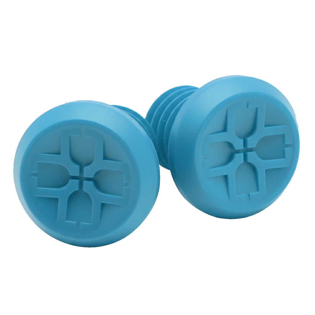 Pair of blue silicone dumbbells on a white background
