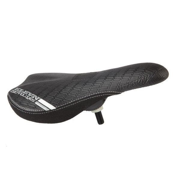 Black motorcycle seat with branding on a white background