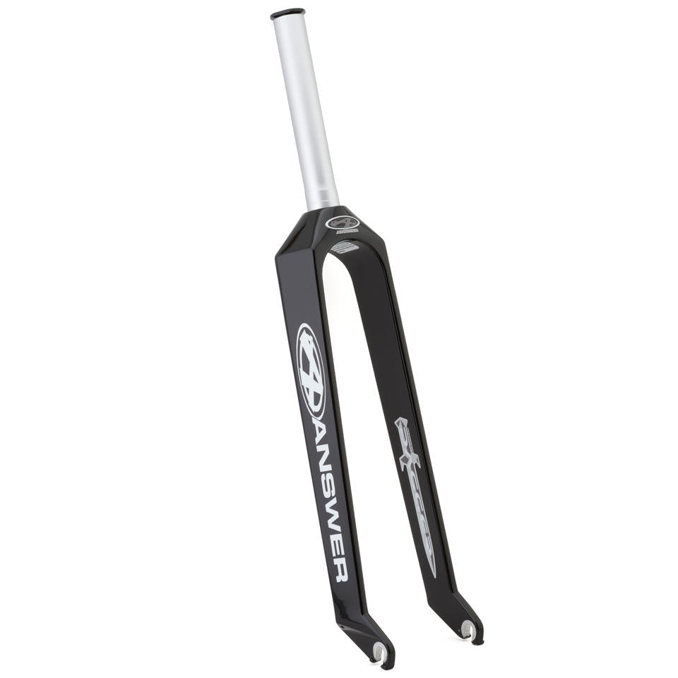 Black bicycle fork with white accents on a white background