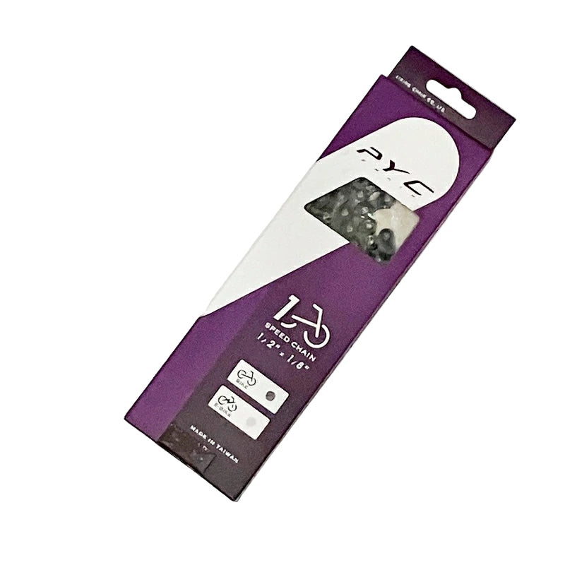 Purple packaging of a bicycle chain on a white background