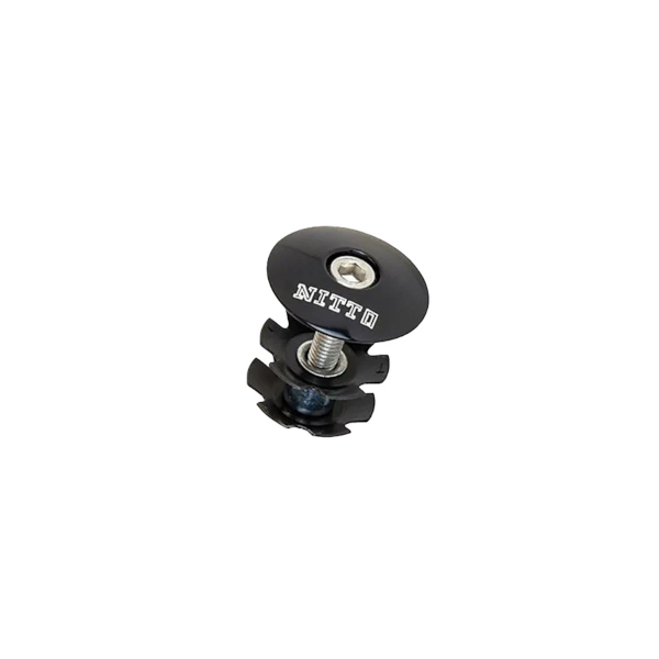 A black anodized aluminum bicycle stem top cap with a star nut and a stainless steel bolt, featuring the Nitto logo.