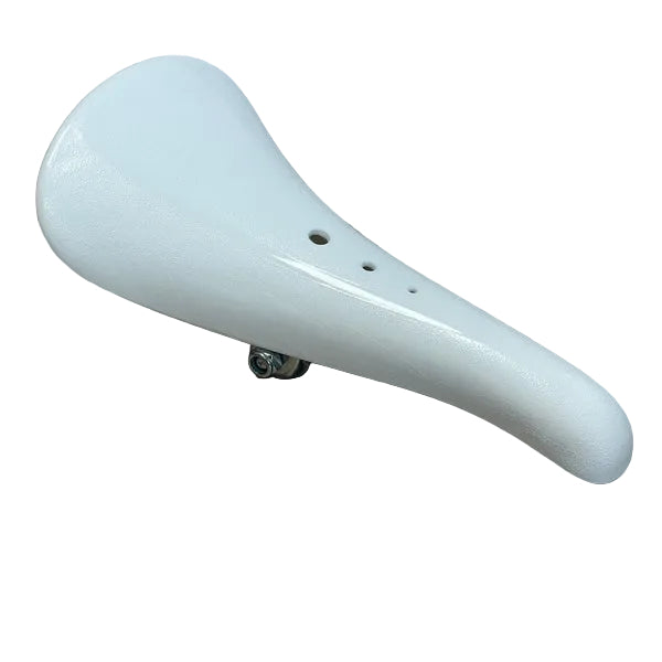 White bicycle seat on a textured brown surface