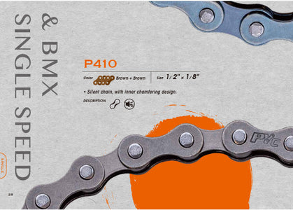 Bicycle chain packaging with text and chain illustration on a gray background