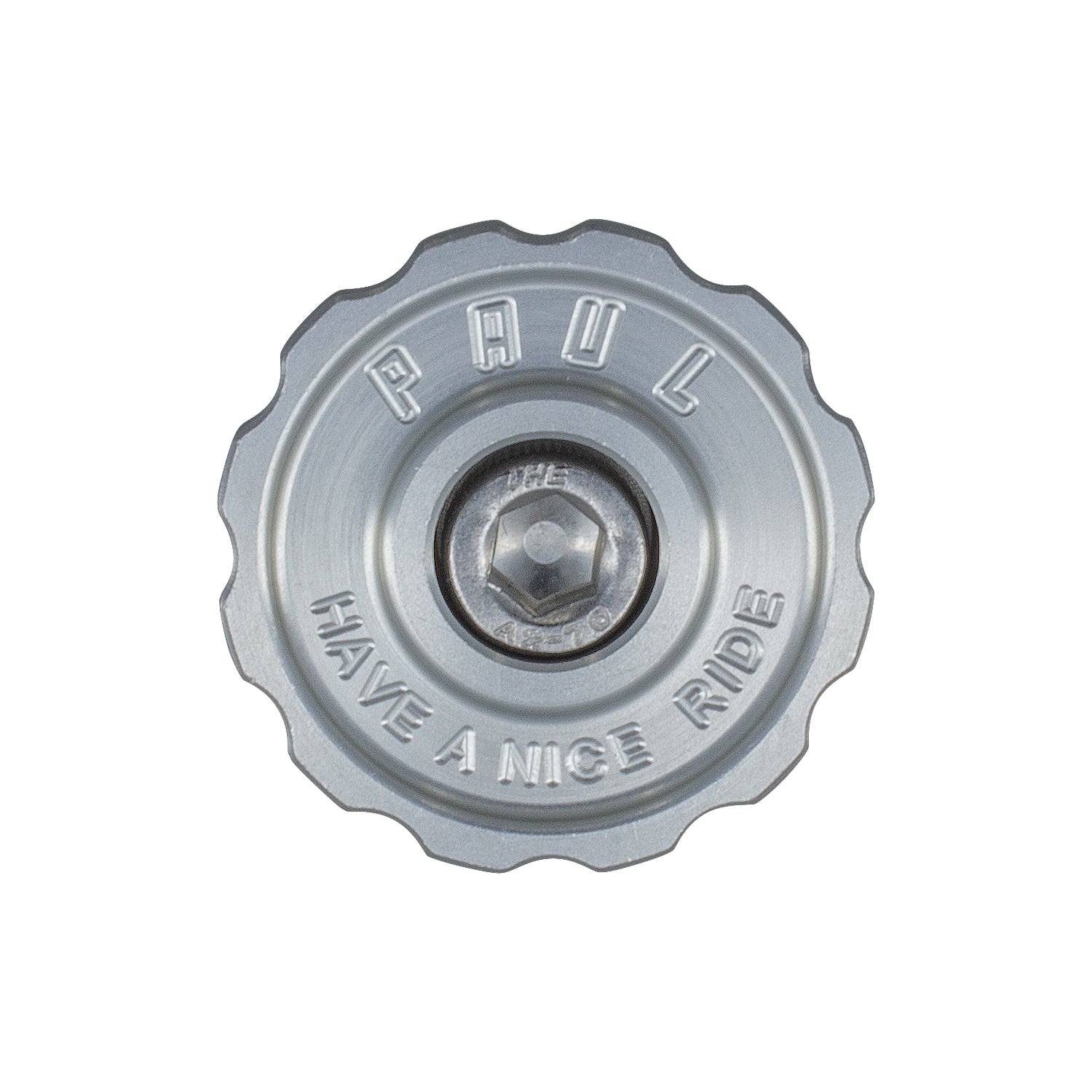 Anodized silver aluminum top cap with a stainless bolt for 1-1/8 inch stems, featuring the inscription 'Paul' and 'HAVE A NICE RIDE'.