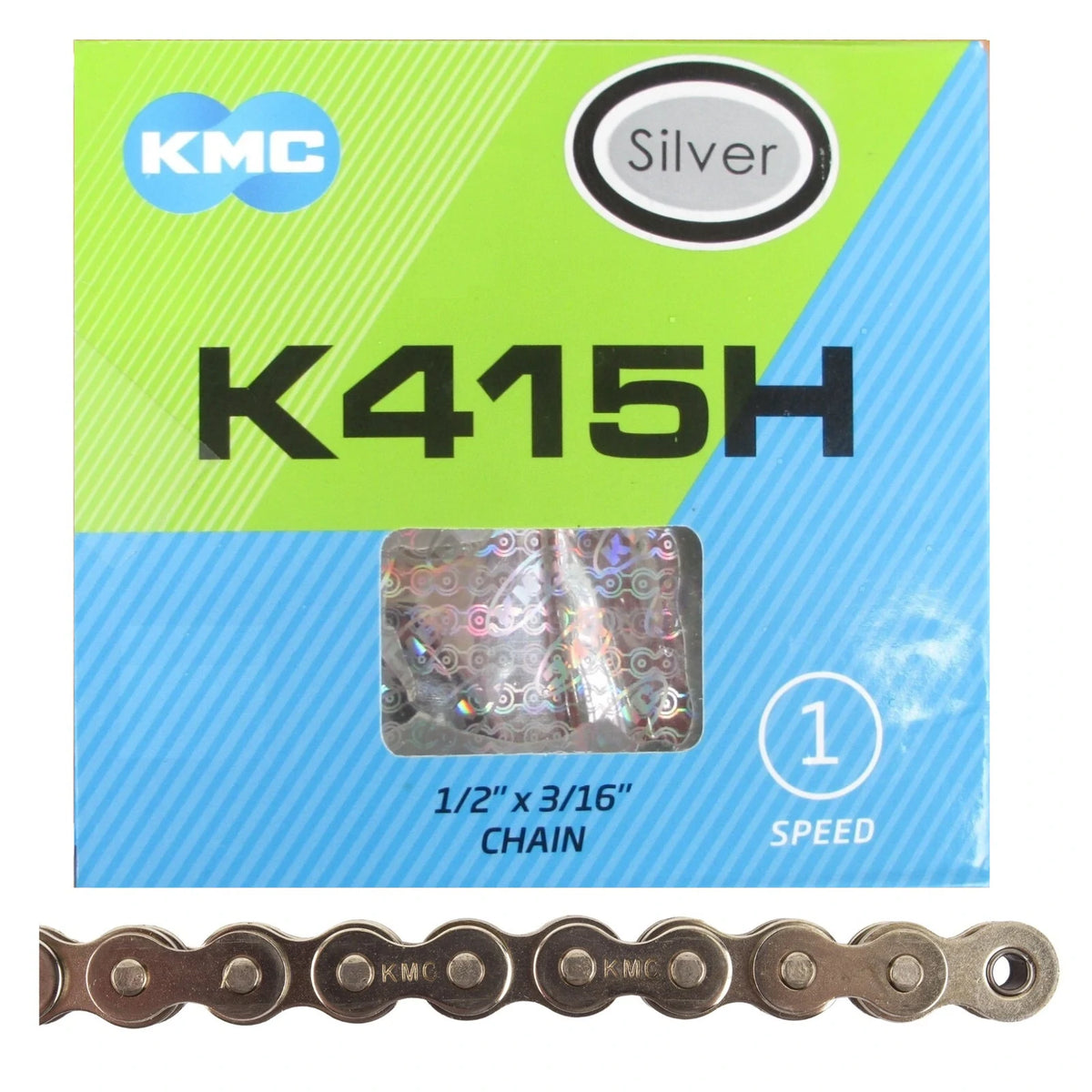 KMC K415H bicycle chain packaging with green and blue design