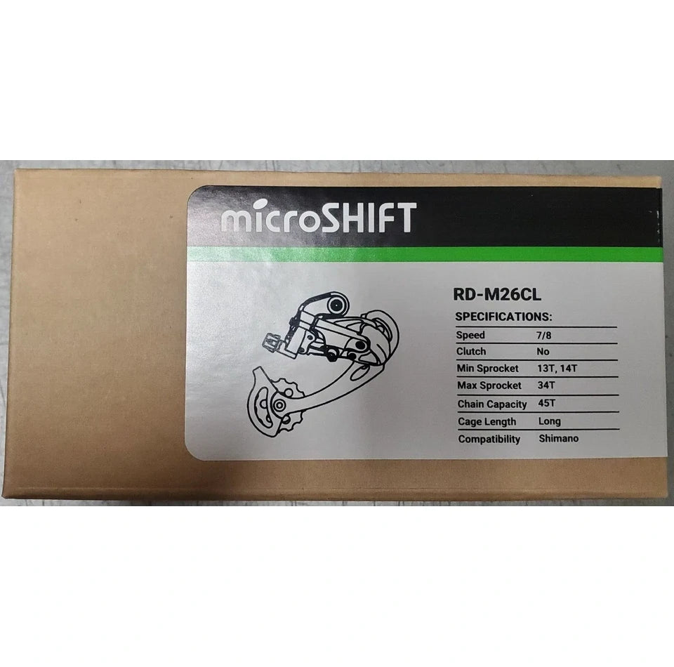 microSHIFT RD-M26CL bike component packaging with specifications on a white background