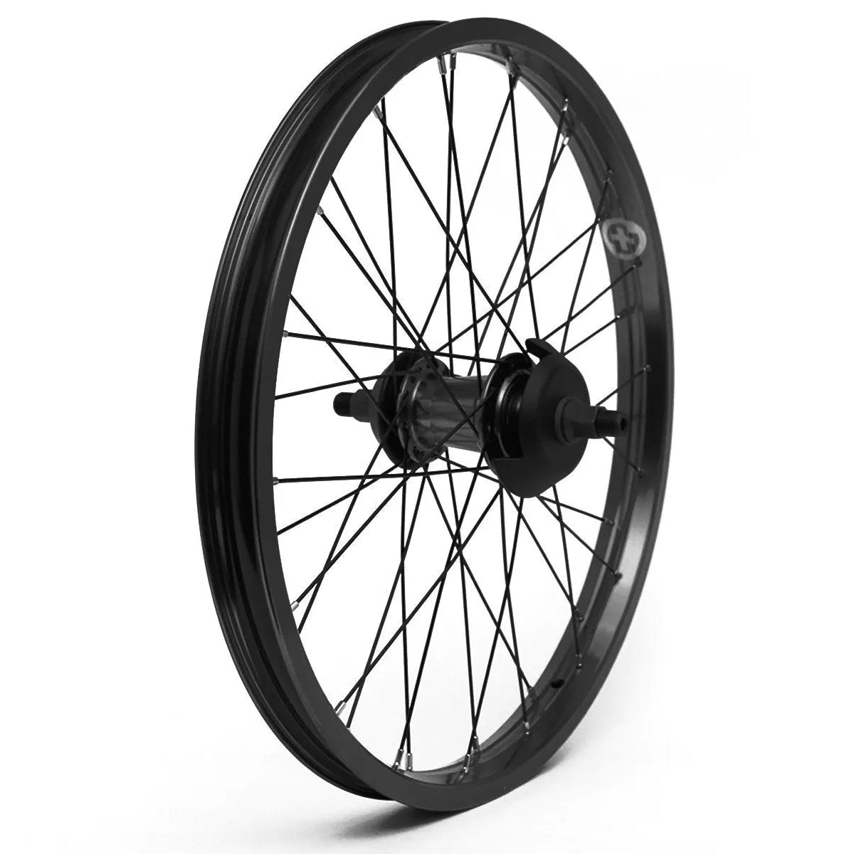 Black bicycle wheel on a white background