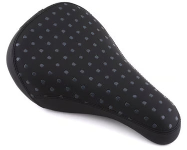 Black perforated leather bicycle seat on a white background