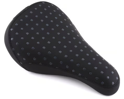 Black perforated leather bicycle seat on a white background