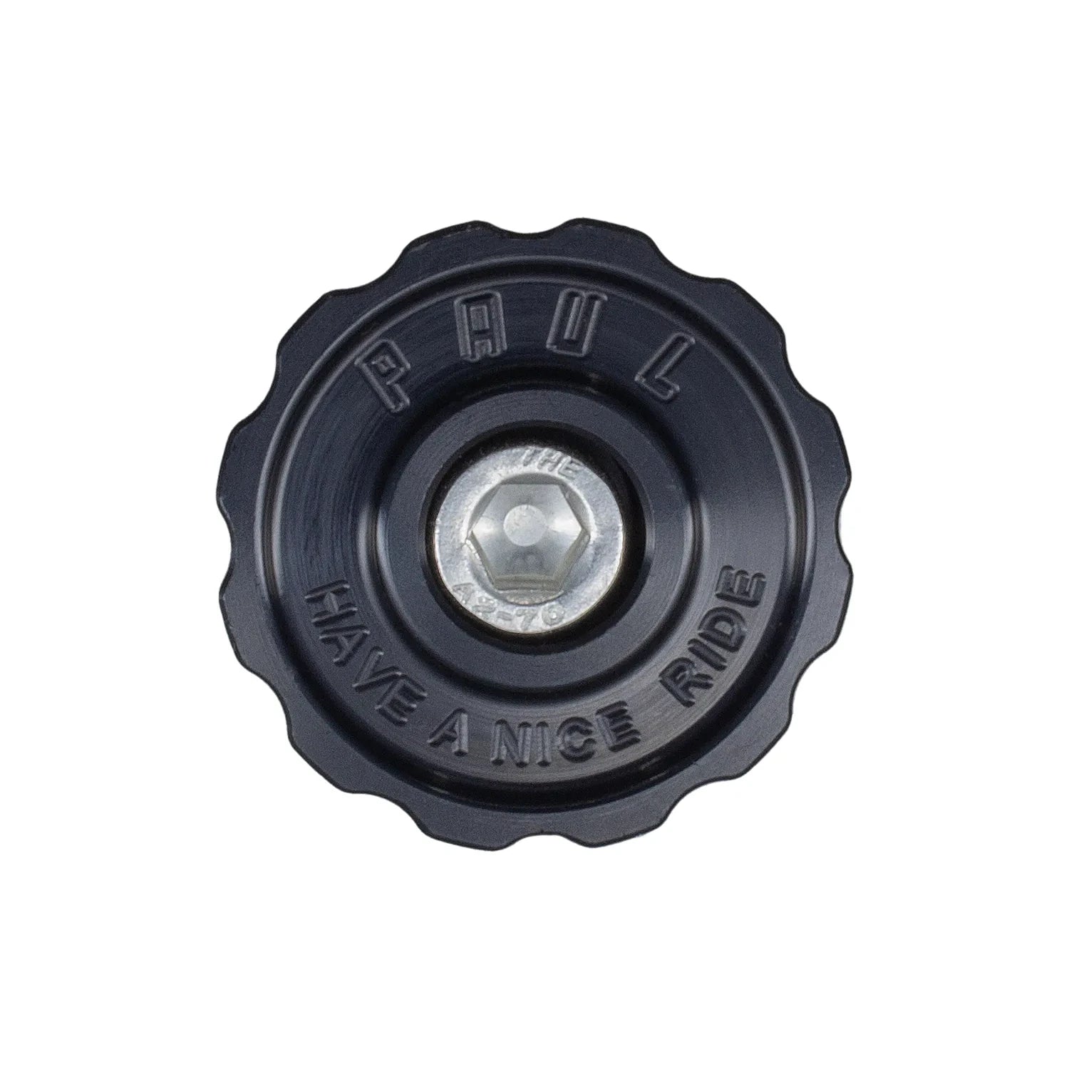Black anodized aluminum top cap for 1-1/8" stems with 'P H U L' and 'HAVE AN ICE RIDE' text on it.