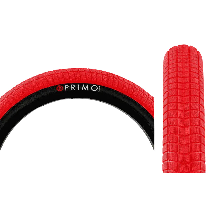Red Primo bicycle tire on a white background