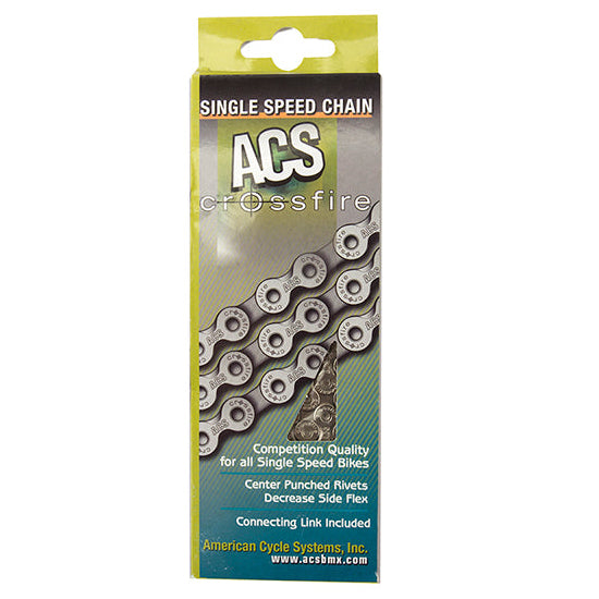 A silver ACS Crossfire BMX chain displayed alongside its packaging which has 'Single Speed Chain' text on it.