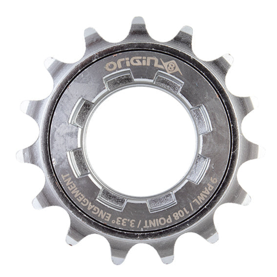 A silver Origin8 Hornet 15T BMX Freewheel with 108 engagement points, showcasing the cog and threading.