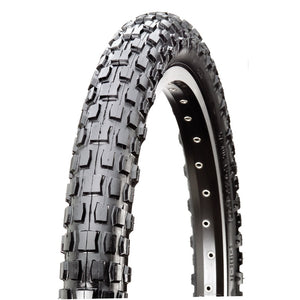 A new black bicycle tire with a block tread pattern, size 20 x 2.125 inches, displayed against a white background.