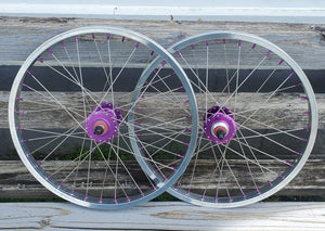 20" 7X style Sealed High Flange Flip-Flop BMX Wheelset - Pair - Polished / Purple