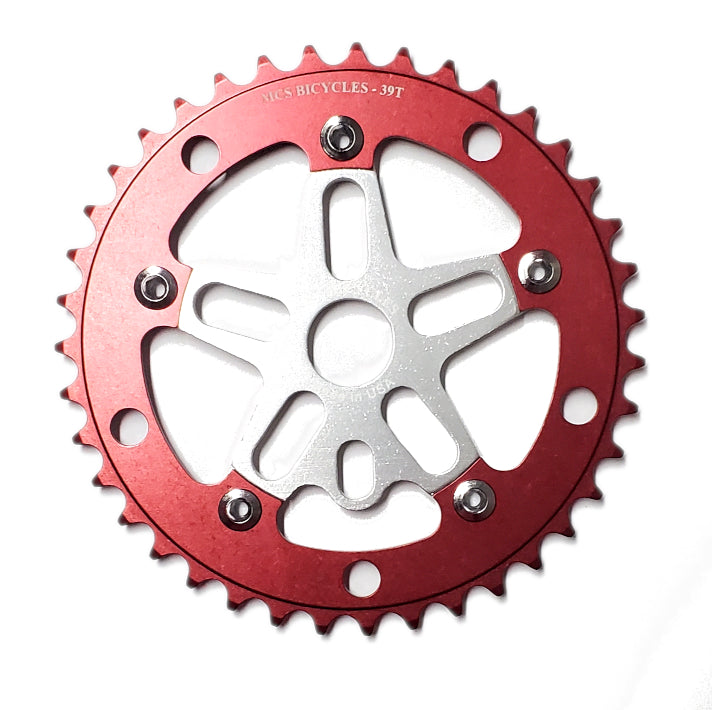 MCS BMX 39T Aluminum Spider & 5-bolt Chainring Combo - Silver / Red - USA Made