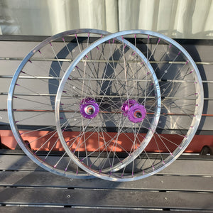 26" 7X style Sealed High Flange Flip-Flop BMX Wheelset - Pair - Polished / Purple