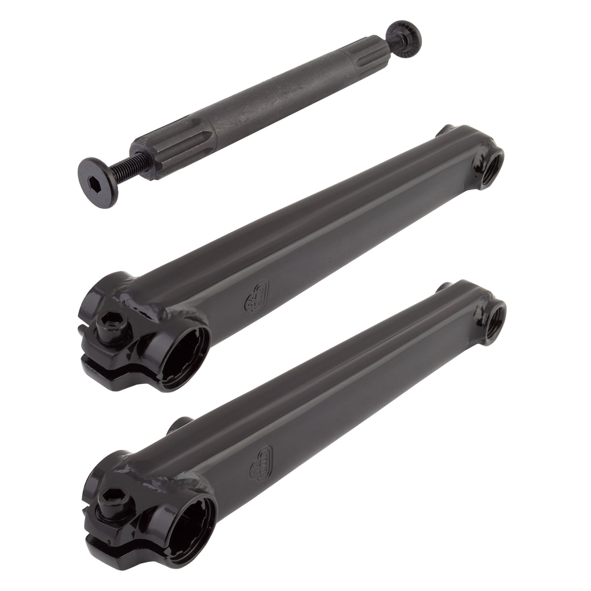 A set of black chromoly crank arms for a vehicle, featuring a spindle and 8-spline spindle bolts.
