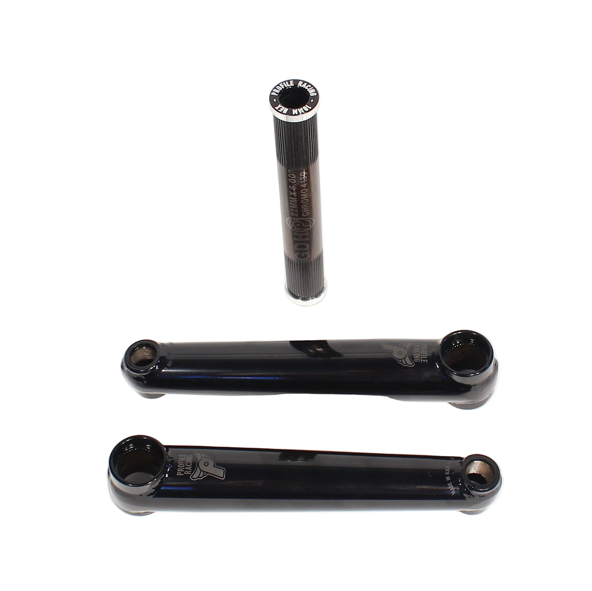 A set of black 22mm 3-piece BMX cranks with crank arms and an axle visible.