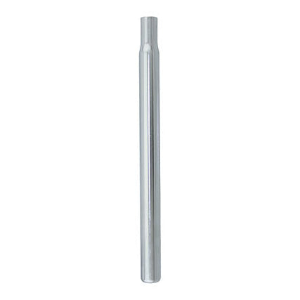 A silver chrome seatpost for a bicycle, showing the side profile of the straight seatpost.