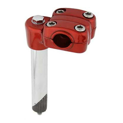 A red Suntour style BMX quill stem with chrome bolts, designed for 1 inch threaded forks and 7/8 inch bars.
