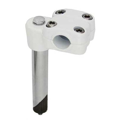 A white Suntour style BMX quill stem with a silver shaft and chrome bolts.
