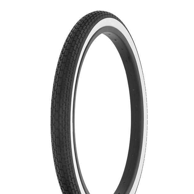 A black bicycle tire with a whitewall, featuring a herringbone tread pattern, designed to fit Schwinn S-7 rims.
